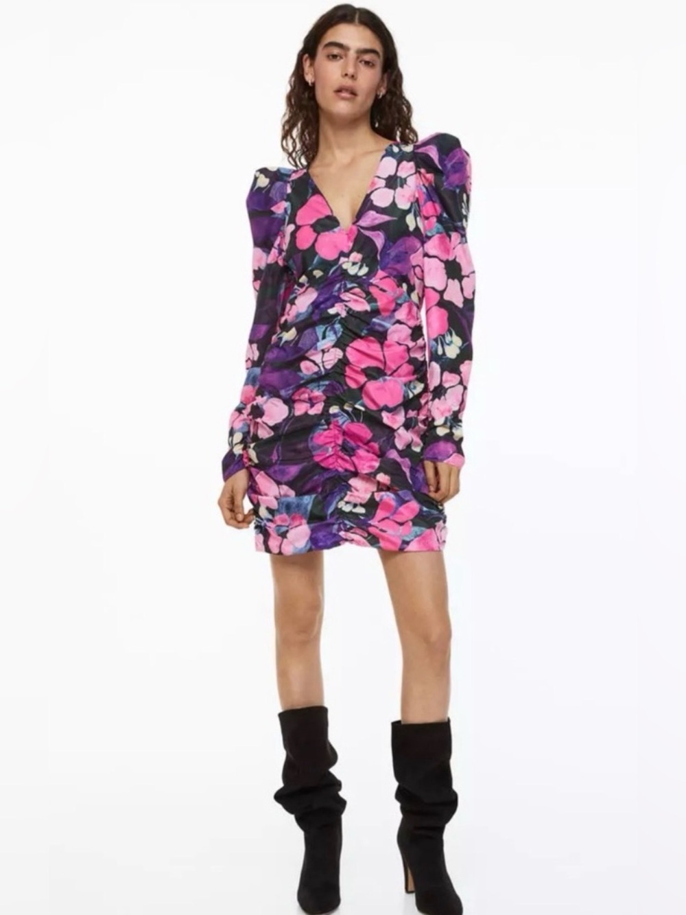 Floral Ruched V-Neck Mini Dress - Pink & Purple